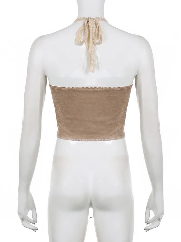 Chaleco vintage de gamuza para mujer, top Y2K con cordones, ajustado, sexy, sin mangas, de los años 2000, con ribete de encaje, estilo halter, ropa grunge