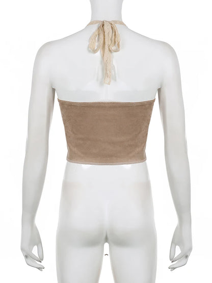 Chaleco vintage de gamuza para mujer, top Y2K con cordones, ajustado, sexy, sin mangas, de los años 2000, con ribete de encaje, estilo halter, ropa grunge