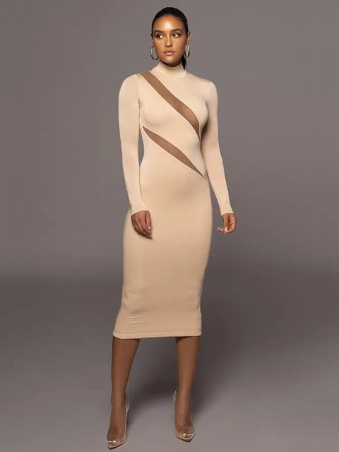Autumn/Winter Long Sleeve Mesh Patchwork Dress Women’s Perspective Bodycon Midi Dress Female Elegant Party Evening Dress