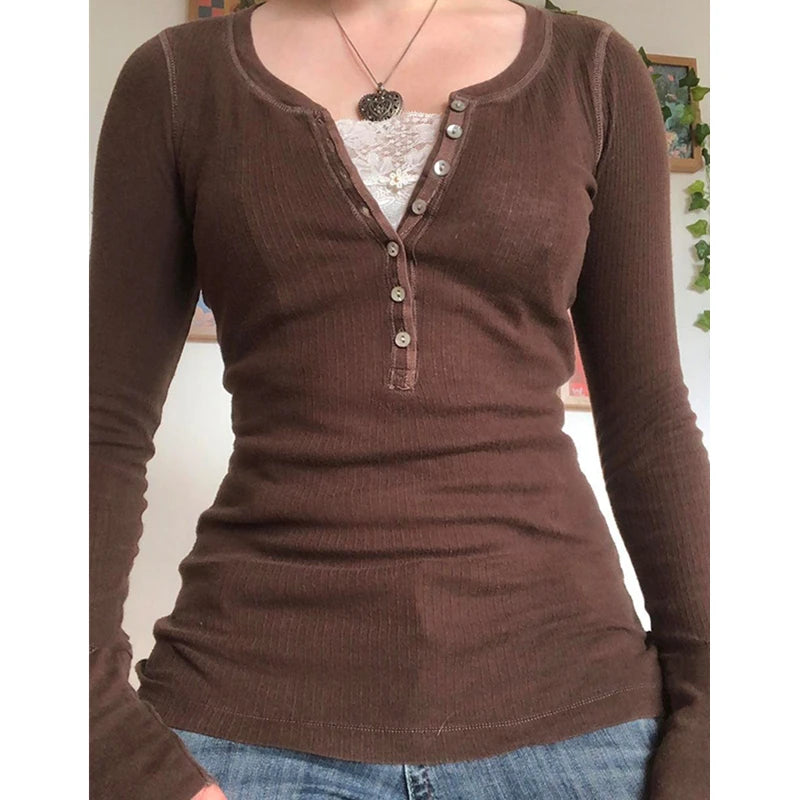 y2k Fairy Grunge Tops Women Button Lace Patchwork Long Sleve T Shirt Autumn Basic Pullovers Retro Aesthetic Clothes