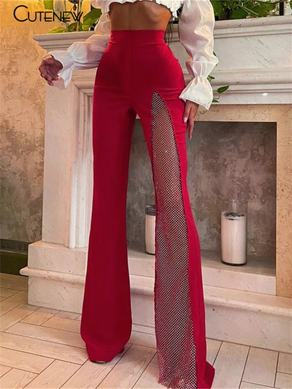 Mono sexy de malla con retazos de un solo hombro para mujer, elegante, liso, ajustado, con pantalones acampanados, mono de moda para fiesta, ropa de calle