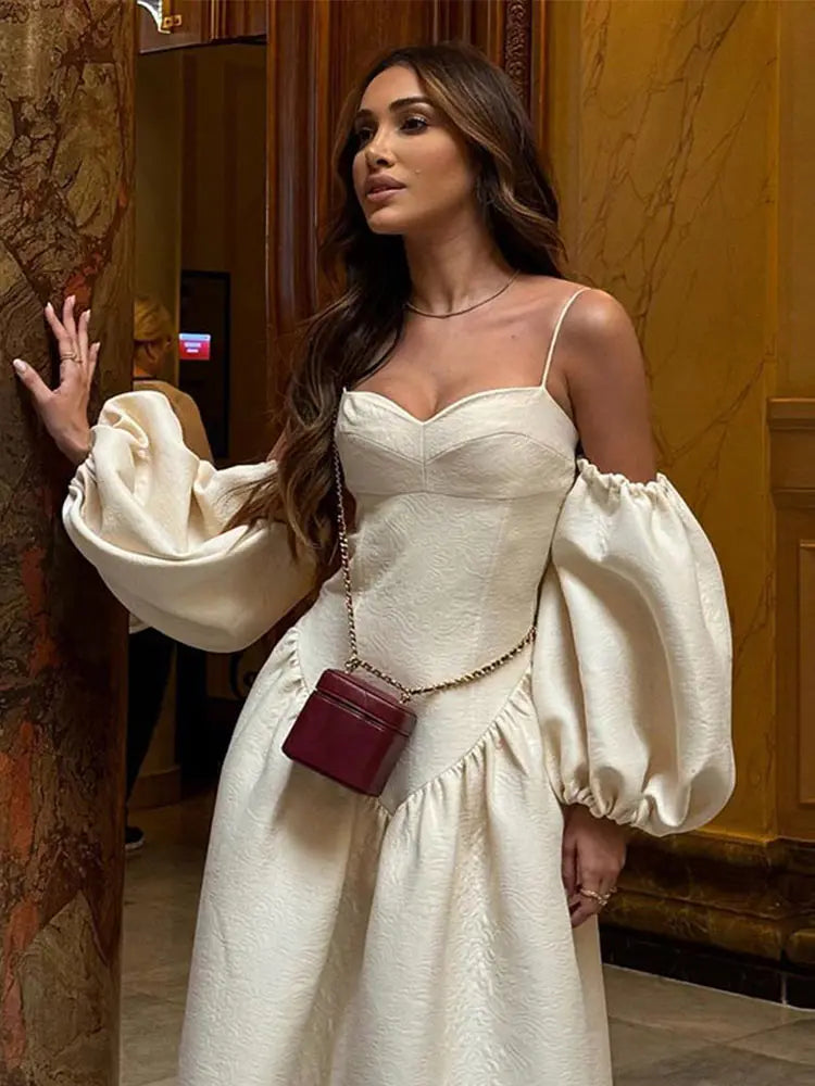 Elegant Puff Sleeve Sling Dresses Women Retro White Slim Fit Tube Dress Female Autumn Summer Versatile Street Party Evening