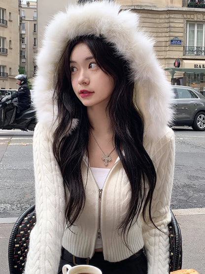 Suéter corto con capucha y cremallera para mujer, color blanco liso, ajustado, para otoño e invierno, nuevo, dulce, coqueto y esponjoso.
