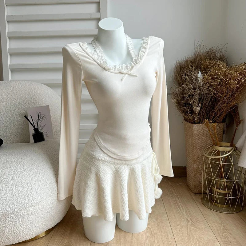 Kawaii White Mini Skirts Women Preppy Cute High Waist Skirt Winter Japanese Streetwear Lace Up Chic Slim A Line Faldas New