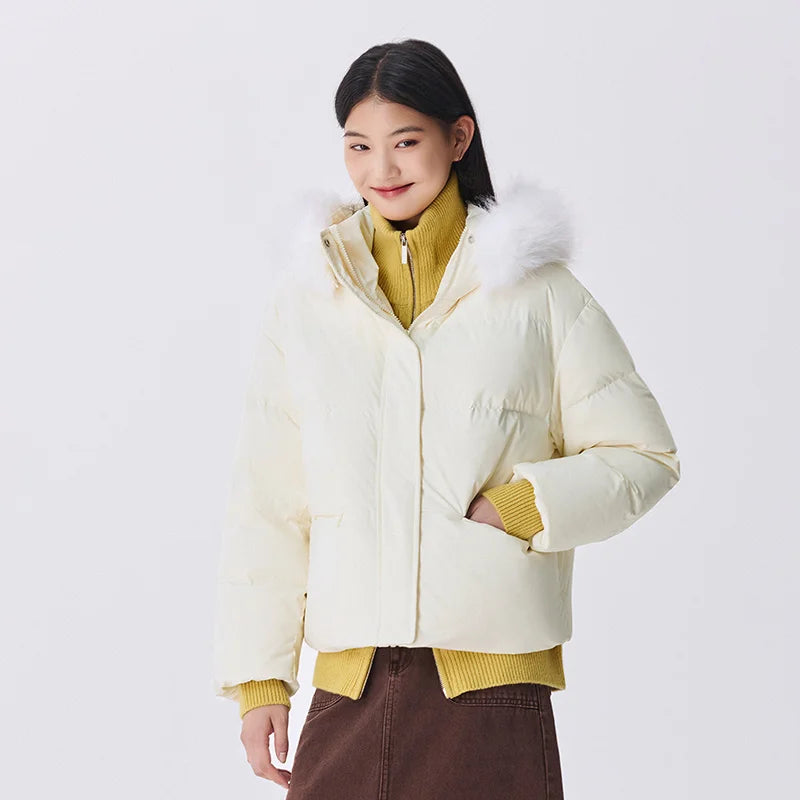 Chaqueta de plumón para mujer, con cuello de piel, con capucha, cálida, sencilla y versátil, nueva, impermeable, resistente al viento, abrigo holgado de invierno.
