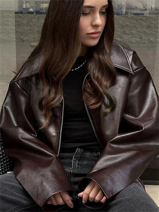 Abrigo holgado de PU para mujer de High Street, informal, con cremallera, ajustado, de cintura alta, de manga larga, con retazos, ropa de moda para mujer, prendas de vestir de otoño