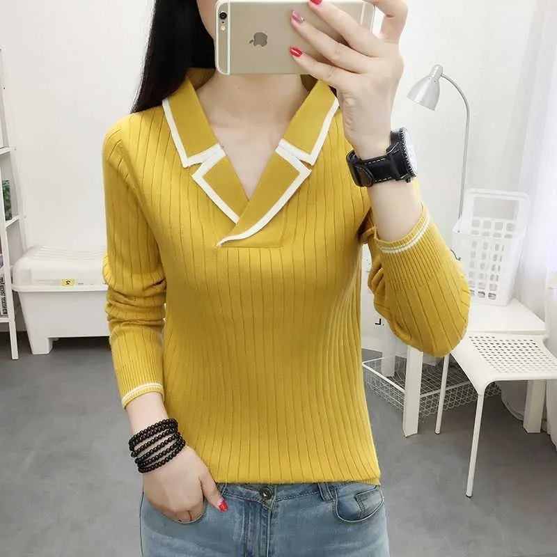 Suéter de punto estilo otoño-invierno para mujer, top informal con cuello en V, DF4922