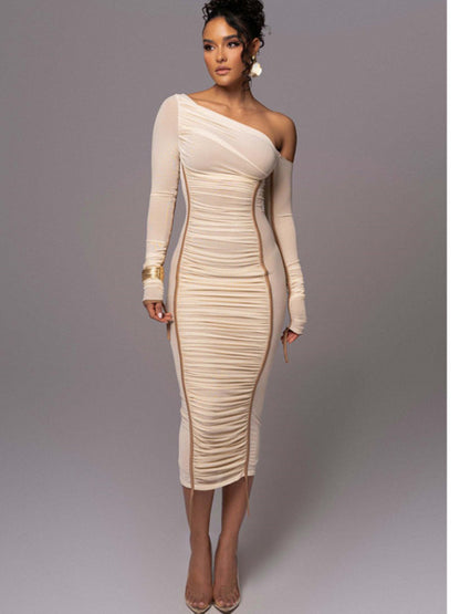 Elegante vestido de malla de retazos de manga larga para mujer, elástico, ajustado, de doble capa, para fiesta y noche