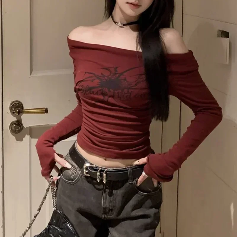Camisetas de manga larga con cuello oblicuo para mujer, camisetas vintage sexys ajustadas, ropa de calle Y2k, camisetas para mujer, ropa nueva de primavera y verano