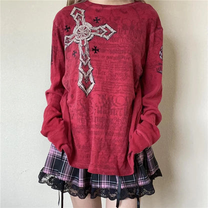 Camiseta de manga larga con cuello redondo y estampado gráfico gótico de Fairy Grunge Y2K para mujer, ropa emo de los años 2000, ropa urbana