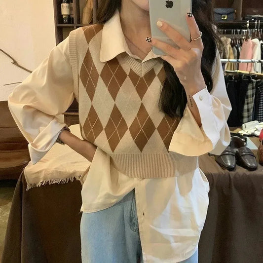 Suéter vintage a cuadros con cuello en V para mujer, suéteres de punto vintage para otoño e invierno, jersey holgado coreano, prendas de punto para mujer