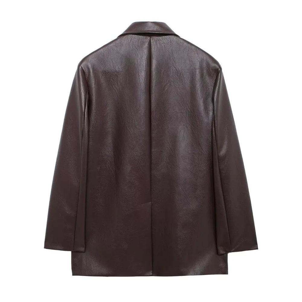 Blazer retro americano para mujer, de cuero sintético marrón y rojo, con cuello entallado, manga larga, estilo midi, holgado, de gran tamaño