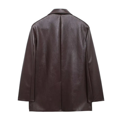 Blazer retro americano para mujer, de cuero sintético marrón y rojo, con cuello entallado, manga larga, estilo midi, holgado, de gran tamaño