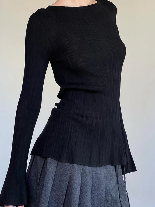 Camiseta elegante de manga acampanada ajustada negra lisa para mujer, sencilla, básica, de punto, para primavera y otoño