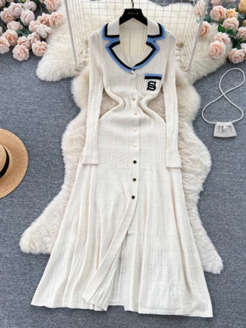 Vestido elegante de punto para mujer, primavera otoño, manga larga, sexy, cuello en V, ajustado, corte en A, suéter de una sola botonadura
