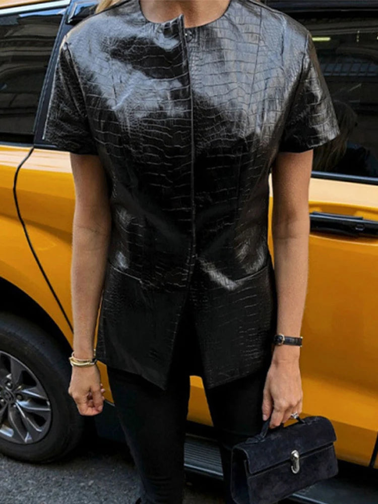 Vintage PU Leather O-neck Shirts Women Casual Loose Solid Short Sleeve Single Breasted Shirt Female Spring Chic High Street Tops