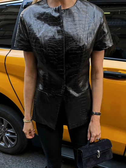 Vintage PU Leather O-neck Shirts Women Casual Loose Solid Short Sleeve Single Breasted Shirt Female Spring Chic High Street Tops
