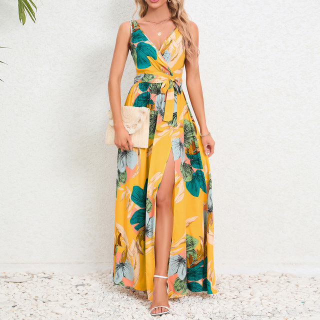 Vestidos largos sin mangas con estampado de flores de verano para mujer, vestido sexy con escote en V y abertura en el escote, vestido femenino de moda para ir al trabajo o vacaciones.