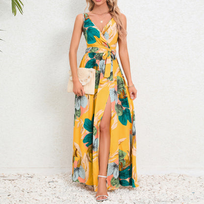 Vestidos largos sin mangas con estampado de flores de verano para mujer, vestido sexy con escote en V y abertura en el escote, vestido femenino de moda para ir al trabajo o vacaciones.