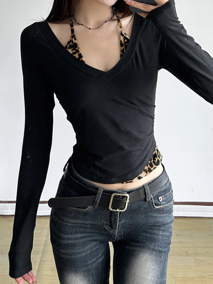 Camiseta de dos piezas con estampado de leopardo y parches de leopardo para mujer, diseño sexy y ajustado de manga larga, blusas y camisas nuevas de moda