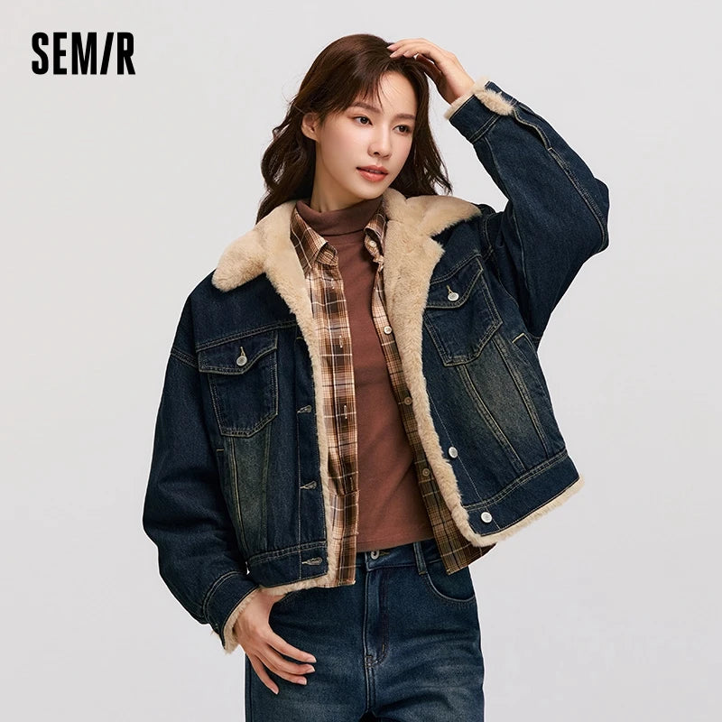 Denim Jacket Women Patchwork Imitation Rabbit Fur Lapel Loose  New Winter Quilted Jacket