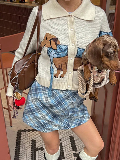 Casual Knitted Printed Dog Cardigan Women Vintage Cute Lapel Single Breasted Short Sweaters Female Autumn Chic Street Knitwear