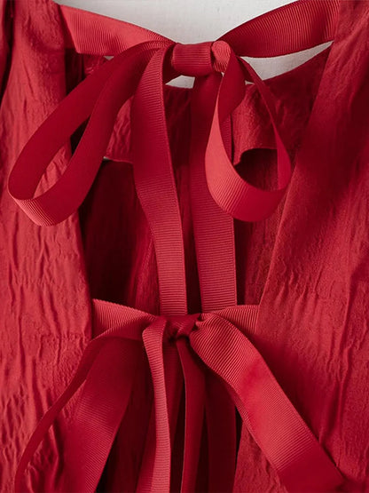 Minivestido retro con cordones en la espalda lisa para mujer, elegante, holgado, de manga corta abullonada, con cuello redondo, para fiesta navideña, ropa de calle