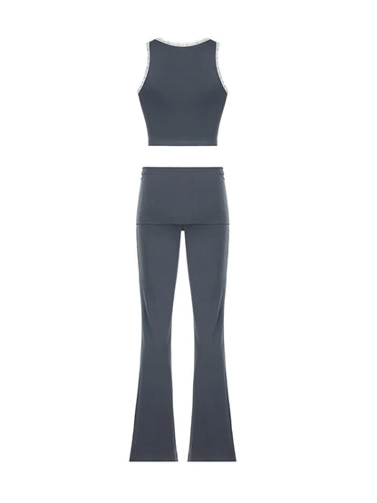 Conjunto de dos piezas Y2K con ribete de encaje de retazos para mujer, top corto ajustado sin mangas con cuello cuadrado y pantalones acampanados lisos, chándales