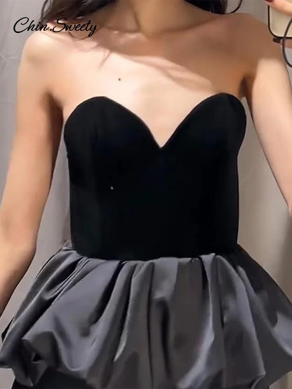 Sexy Off Shoulder Velvet Spliced Tube Top Women Black Backless Strapless Ruched A-line Tank Female 2025 Fashion Lady Party Gown