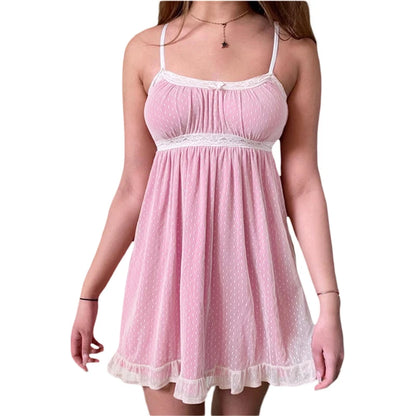 y2k Kawaii Pink A-line Dress  Summer Women Lace Mini Sundress Fashion Harajuku Sweet E Girl Clothes Streetwear