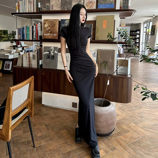 Solid Button Hollow Out Slit Bodycon Short Sleeve Women’S Dresses Long Streetwear Casual Outfit  Summer Fashion