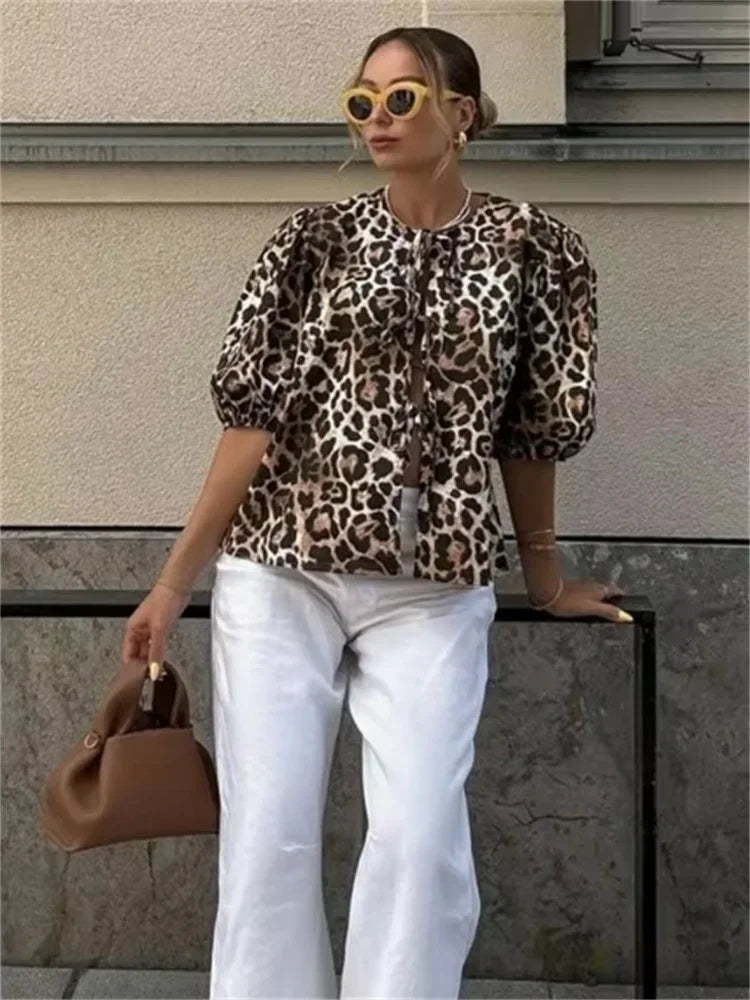 Camisetas con estampado de leopardo para mujer, blusas informales de manga corta con contraste, con cordones, ajustadas, estilo Y2k, camisetas de otoño tipo vendaje