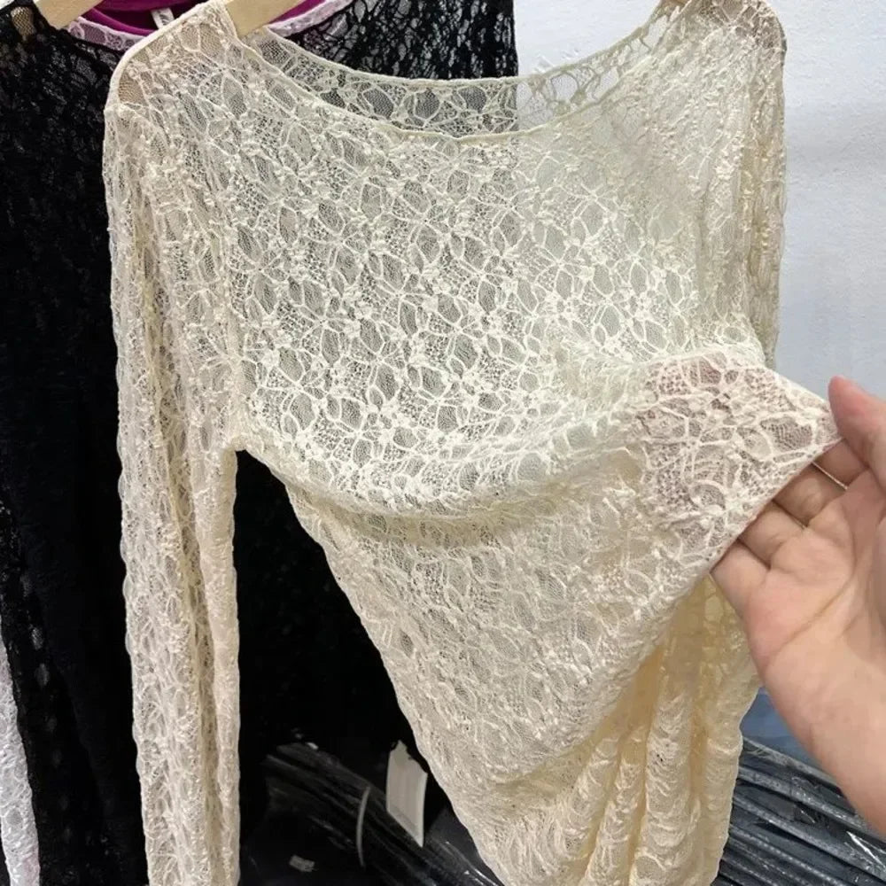 Camisetas de cuello alto y malla de encaje para mujer, camisetas de manga larga para otoño, estilo informal, ajustadas y finas, ropa para mujer