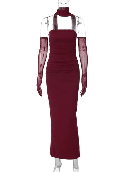 Vestido largo sexy sin tirantes y espalda descubierta para mujer, color burdeos, con mangas de malla y hombros descubiertos, ajustado, para fiesta de noche y club.