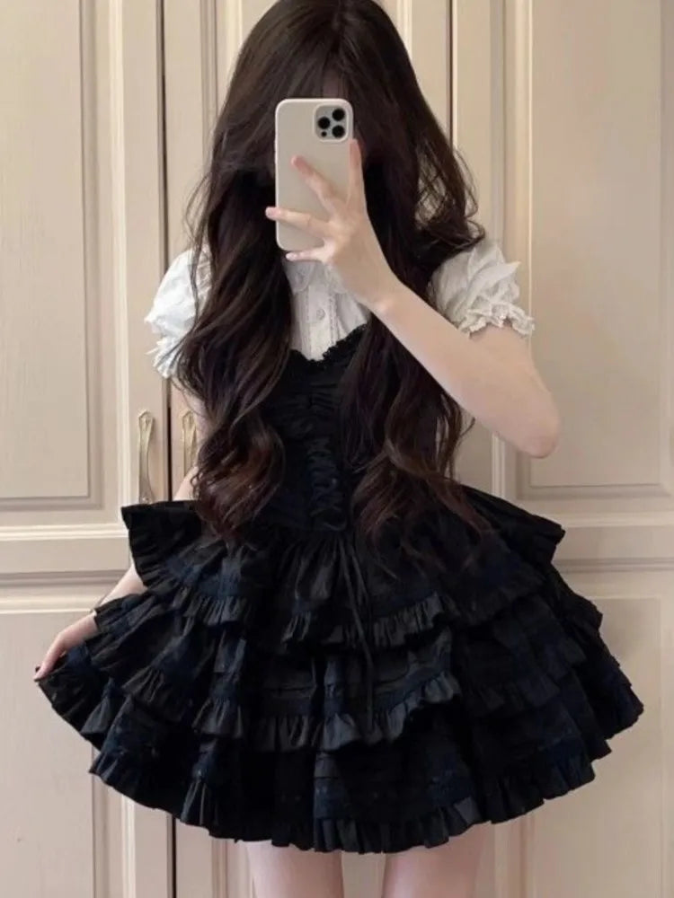 Conjunto de vestido de dos piezas Y2K para mujer, camisa de manga abullonada, minivestido negro con volantes en forma de A, traje de moda coreana, nuevo atuendo de verano