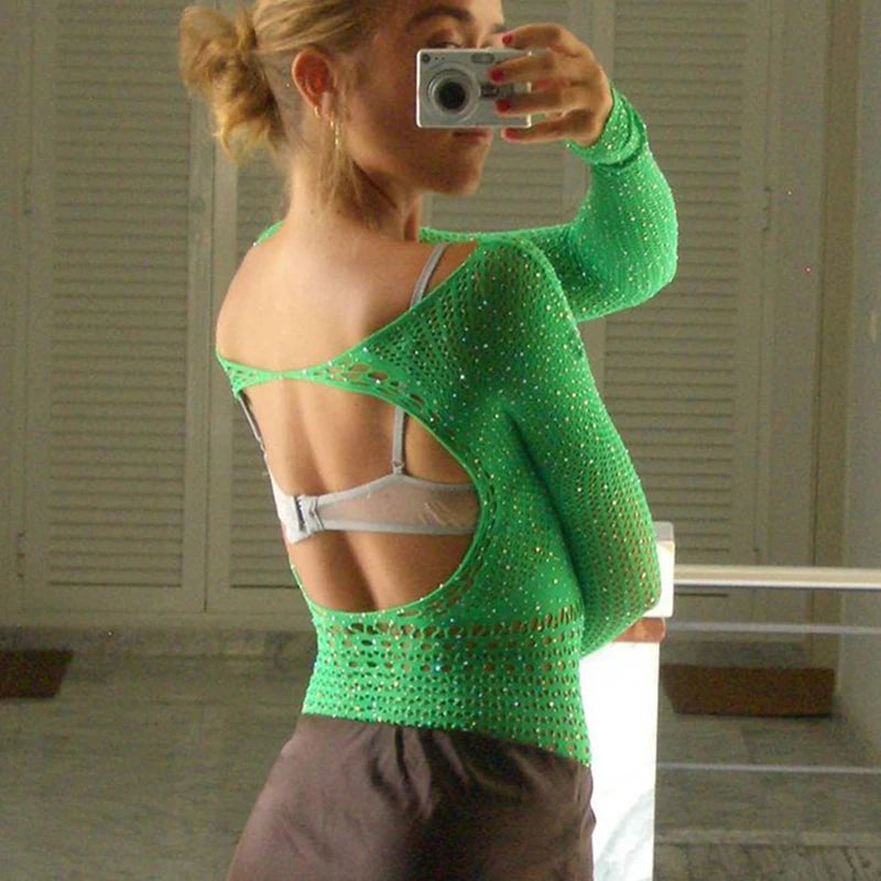 Diamonds Hollow Out Sexy Crop Tops Chic Women Mesh See Through Backless T Shirt Clubwear Y2K Aesthetic Skinny Smock Tees Clothes