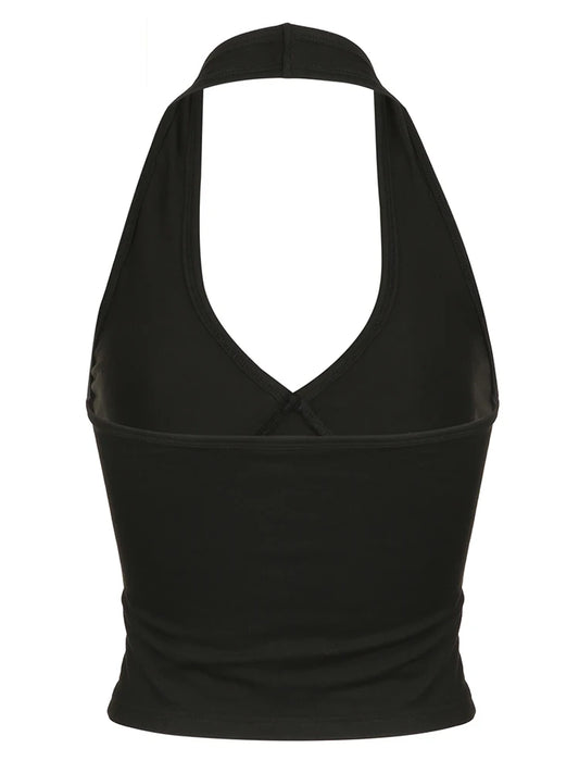 Tops halter sexys sin espalda para mujer, camiseta sin mangas ajustada con cuello en V básica lisa negra, top corto elegante, camisetas de calle de verano