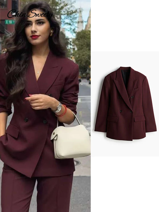 Blazer de solapa burdeos de moda para mujer, elegante chaqueta cruzada con bolsillos y manga larga, ropa de calle femenina para el día a día.