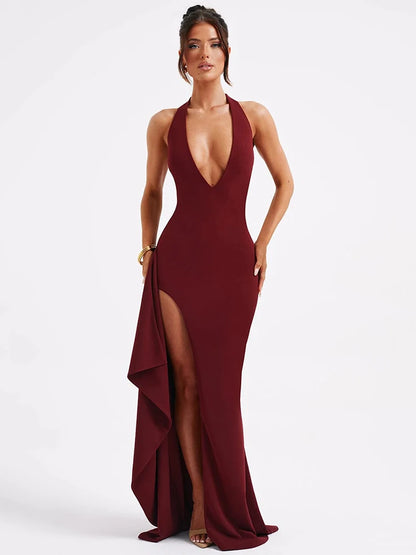 Vestido largo sexy con escote en V profundo y abertura hasta el muslo para mujer, estilo halter, sin mangas, espalda descubierta, ajustado, para fiesta y club, nuevo