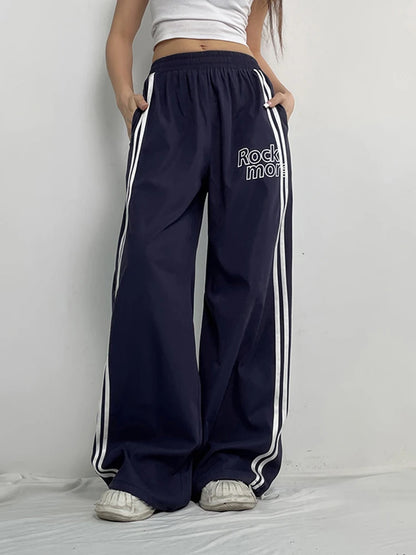 Pantalones rectos holgados de cintura alta con elástico y rayas laterales para mujer, pantalones holgados estilo hippie con estampado de letras, ropa de calle preppy