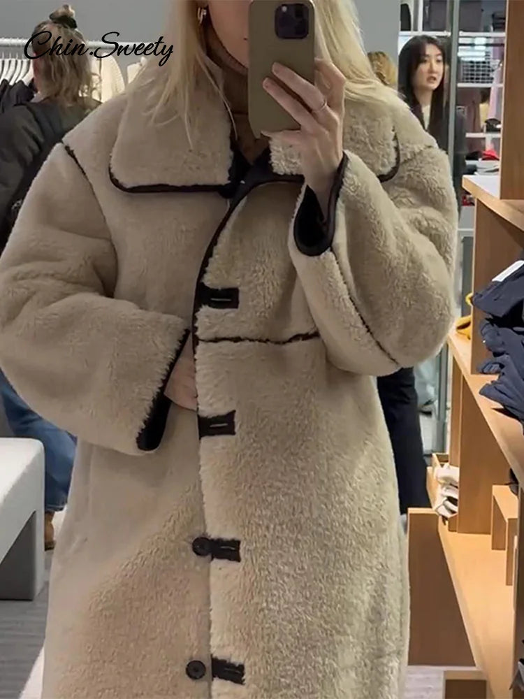 Fashion Beige Faux Fur Long Coat Women Winter Buttons Lapel Long Sleeve Lamb Fleece Jacket 2025 New Lady Loose Street Outerwear
