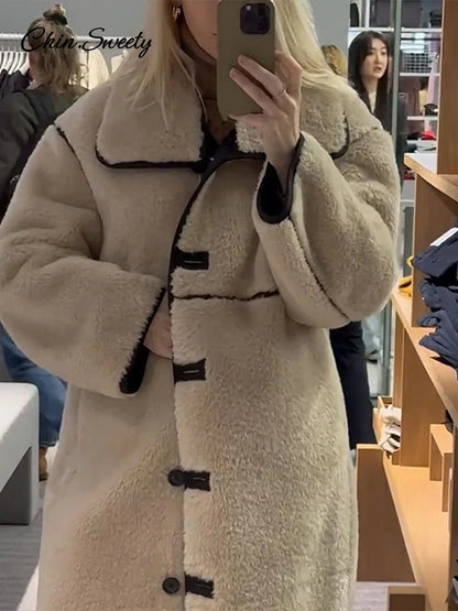 Fashion Beige Faux Fur Long Coat Women Winter Buttons Lapel Long Sleeve Lamb Fleece Jacket 2025 New Lady Loose Street Outerwear