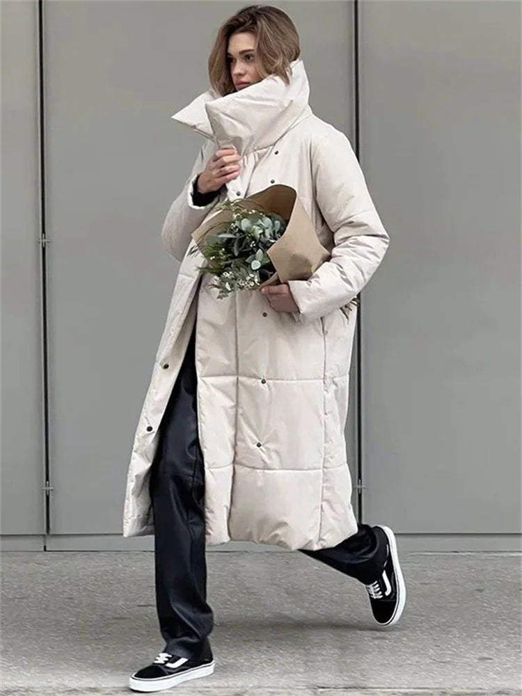 Parkas de invierno para mujer, abrigo holgado con cordones, cintura alta, manga larga, bolsillo, solapa, estilo vendaje, color liso