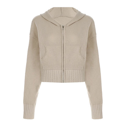 Suéter de punto liso para mujer, cárdigan con cremallera, capucha, manga larga, retro, sencillo, estilo Harajuku, abrigo corto, moda informal