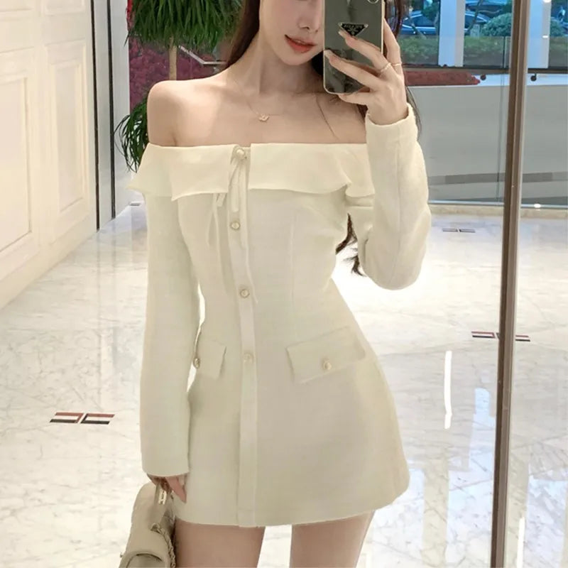 Elegante vestido corto de tweed con cuello oblicuo para mujer, manga larga, cintura estrecha, vestido de fiesta de cumpleaños, moda coreana, Vestidos para mujer