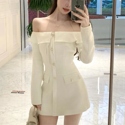 Elegante vestido corto de tweed con cuello oblicuo para mujer, manga larga, cintura estrecha, vestido de fiesta de cumpleaños, moda coreana, Vestidos para mujer