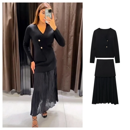 Conjunto de ropa de otoño para mujer, nuevo estilo, abrigo de punto asimétrico adelgazante con falda pequeña doblada