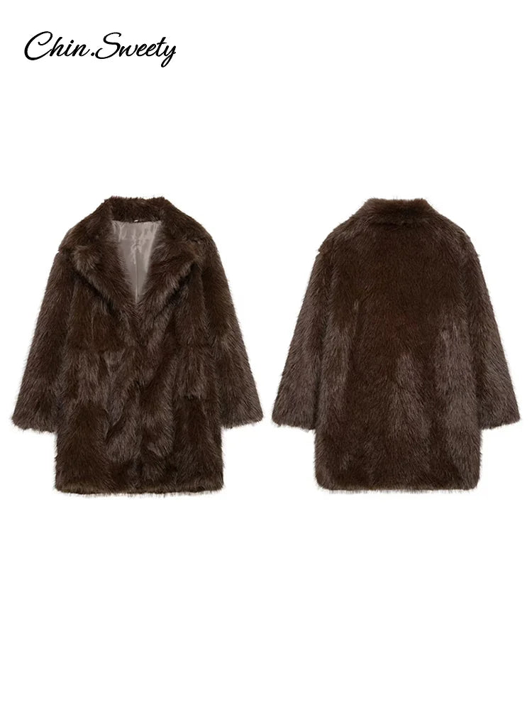 Chaqueta de piel sintética marrón de lujo para mujer, abrigo grueso y esponjoso de manga larga con solapa extragrande, ropa de calle cálida de lujo para invierno.
