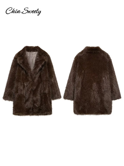 Chaqueta de piel sintética marrón de lujo para mujer, abrigo grueso y esponjoso de manga larga con solapa extragrande, ropa de calle cálida de lujo para invierno.