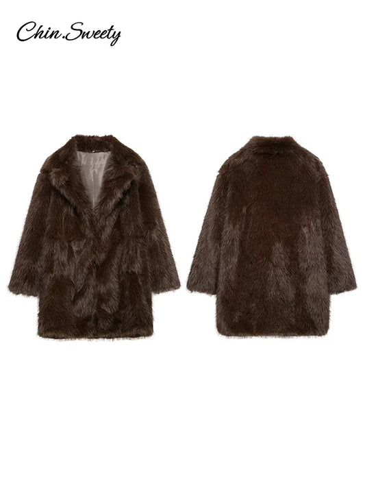 Chaqueta de piel sintética marrón de lujo para mujer, abrigo grueso y esponjoso de manga larga con solapa extragrande, ropa de calle cálida de lujo para invierno.